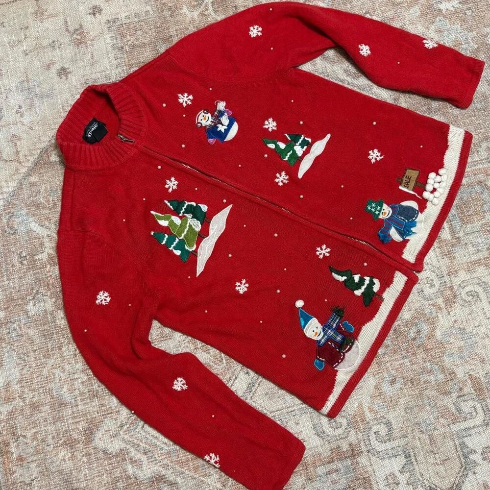 Vintage Y2K Christmas Holiday Party Sweater with snowmen, trees, and snowflakes